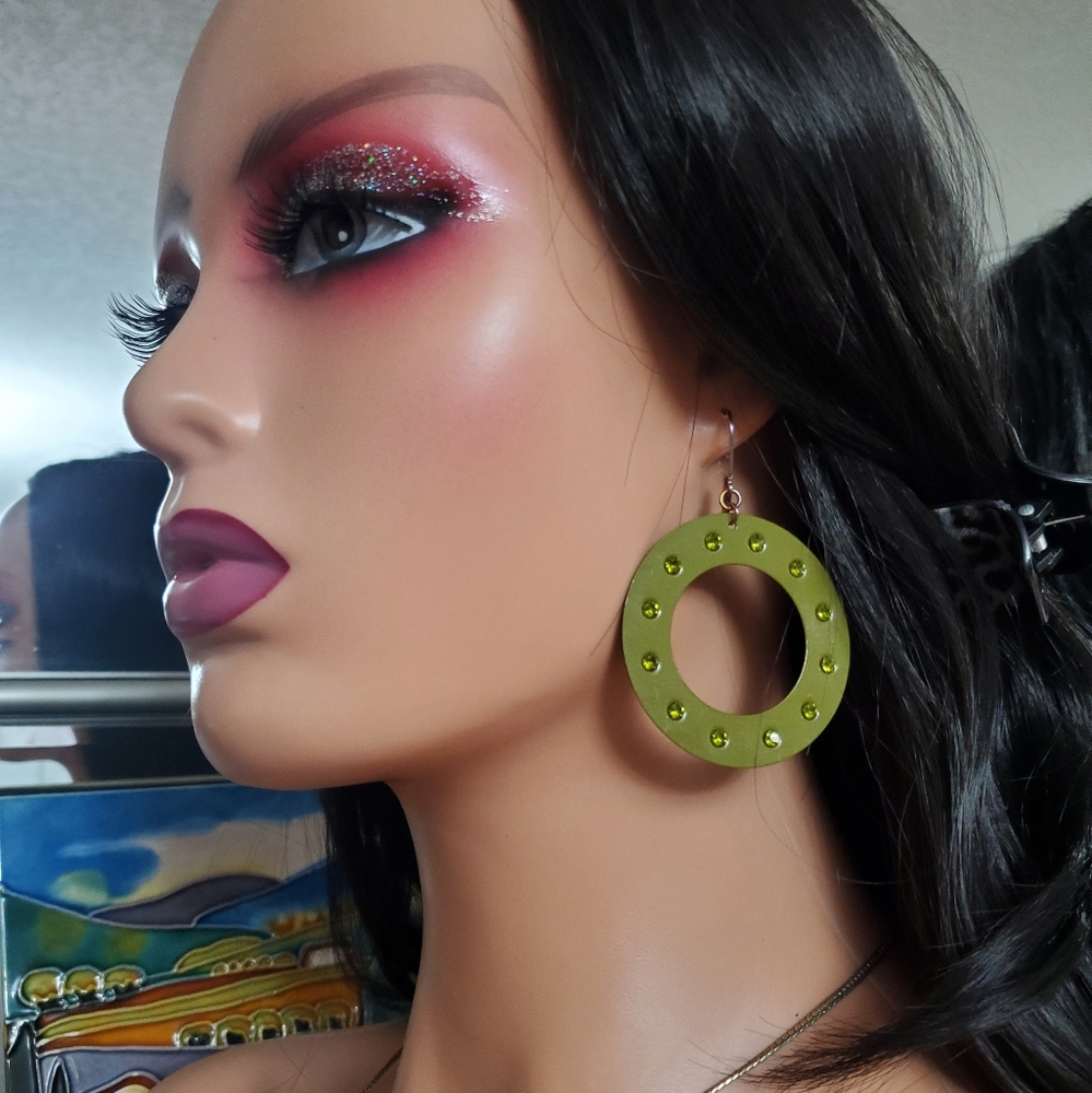 Green Hoop Earrings with Stud Accents